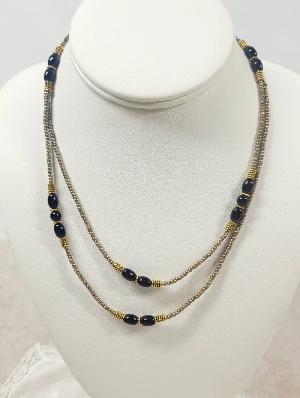 Vintage Napier Black Beaded And Gold Tone Necklace 36"